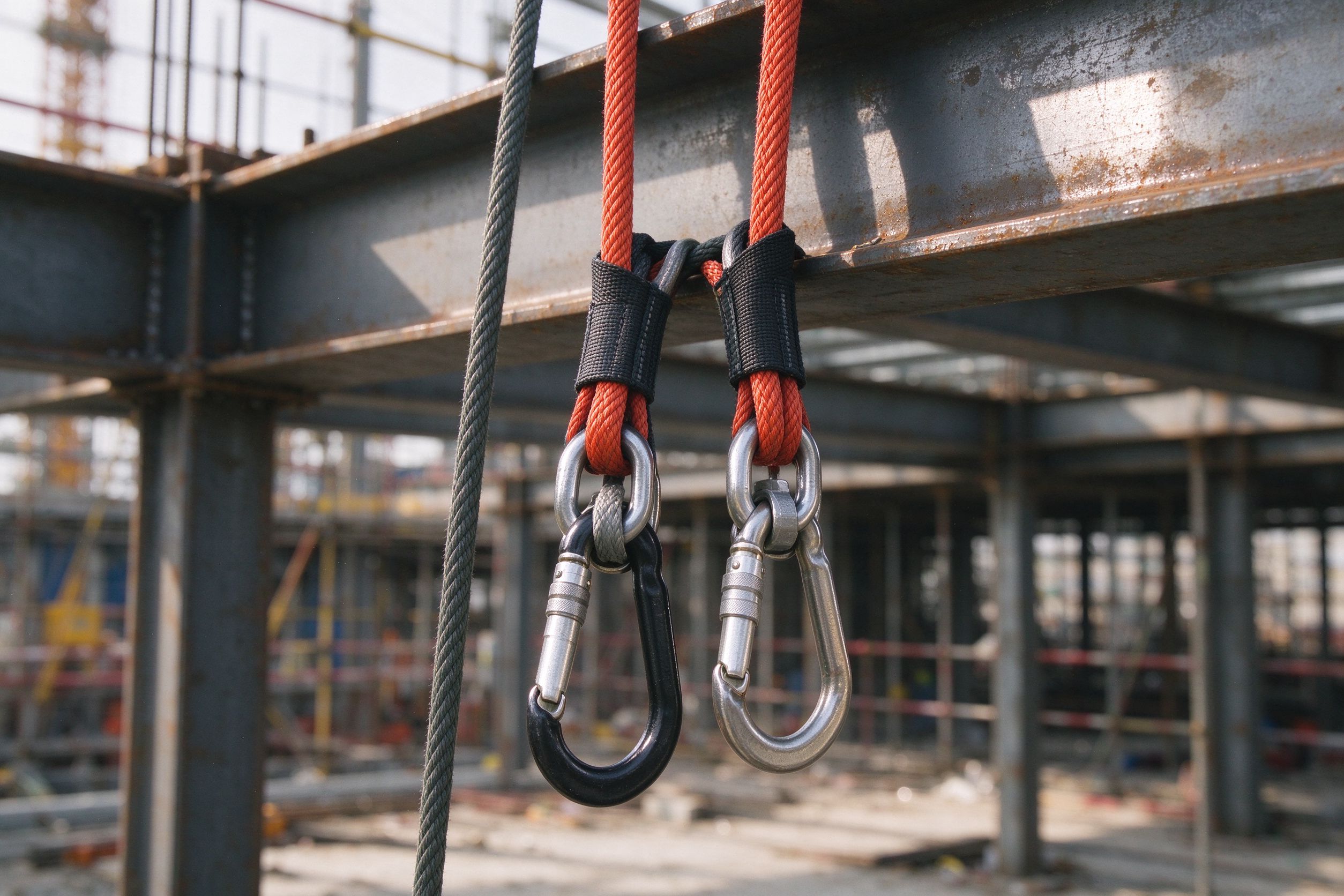 工人用安全绳在高层建筑外墙作业